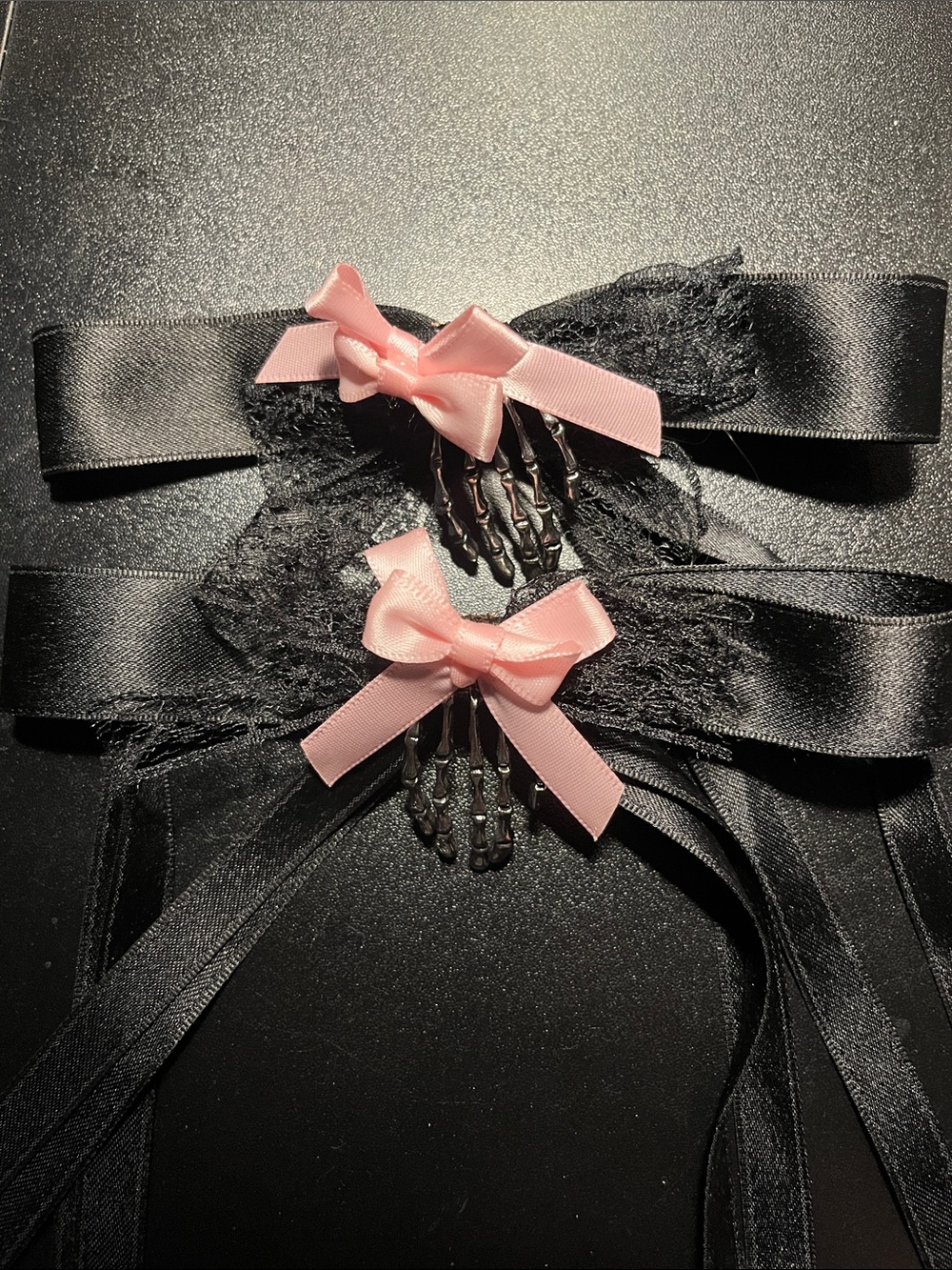 Skull Hand Black Lace Hair Clips with Pink Satin Bows